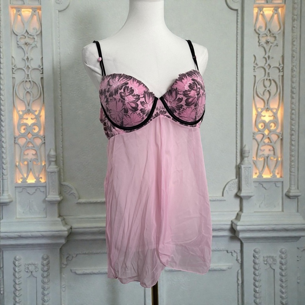 Pink Sheer Lace Babydoll Lingerie Dress • Floral Bustier Slip • Coquette L